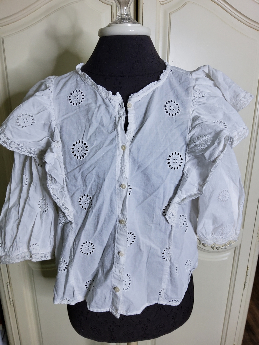Zara White Eyelet Ruffle Prairie Blouse - Picture 3 of 6
